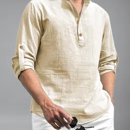 KNOWTED Mandarin Collar Roll-Up Sleeves Straight Short Kurta image 2