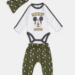 Pantaloons Baby Kids White & Olive Cotton Printed Full Sleeves Mickey Bodysuit Set-picture-36