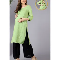 Zelena Soft Three Fourth Sleeves Grecian Square Pattern Embroidered Maternity Kurti With Vertical Concealed Zipper Nursing Access - Green-image-43