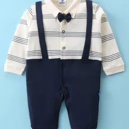 Mini Taurus Cotton Knit Full Sleeves Striped Romper with Bow & Suspender Applique - Navy-picture-20