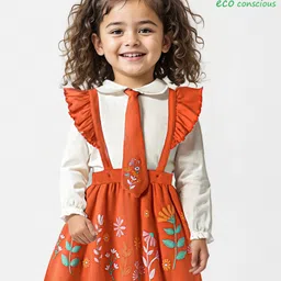 Babyoye 100% Cotton Knit Full Sleeves Peter Pan Collared Solid Colour Top with Floral Printed Skirt & Tie - Red & White-picture-36