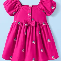 Babyhug Cotton Woven Half Sleeves Floral Embroidered Frock with Bow Applique - Fuchsia-image-0