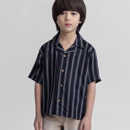 Taffykids Twill Half Sleeves Striped Oversize Shirt - Black-picture-17
