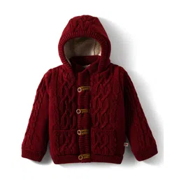 Yellow Apple Knit Full Sleeves Front Open Hooded Sweater with Cable Knit Design - Burgundy-picture-31