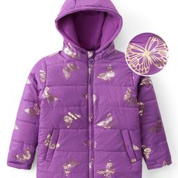 Pine Kids Woven Full Sleeves Hooded Padded Jacket With Foil Butterfly Print - Purple-picture-35