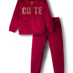 Babyhug Velour Woven Full Sleeves Winter Wear Suit Set With Cute Text Squined with Kangaroo Pocket - Maroon-picture-11