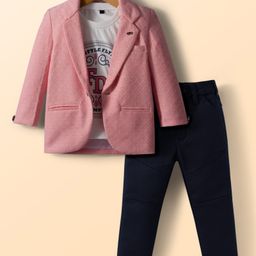 Dapper Dudes Full Sleeves Textured Blazer With Typography Printed Tee & Pant Set - Pink-picture-31