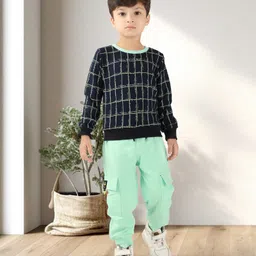 BABY CLOSET Cotton Knit Full Sleeves Checked Pattern Printed Light Winter Sweatshirt & Joggers - Mint Green & Blue-picture-11