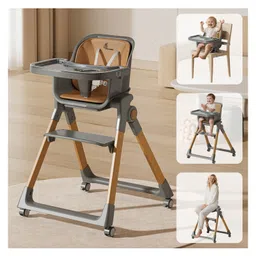 R for Rabbit Walnut High Chair for Baby 3-in-1 Convertible Design Dual-Layer Meal Tray Smooth Wheels with Brakes Foldable and Compact Travel Friendly 6 Months to 3 Years Kids (Dark Grey)-image-72