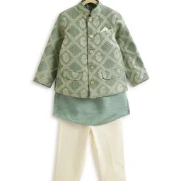 Tiber Taber Brocade Full Sleeves Kurta Pant With Floral Foil Printed Jacket Set - Green image 3