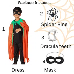 Itsmycostume Halloween Theme Spooky Pumpkin Cape With Fake Spider Ring & Dracula Teeth - Orange image 3
