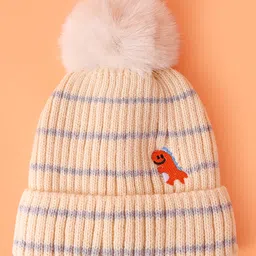 Babyhug Woollen Cap With Dino Embroidery Beige - Diameter 12 cm image 3