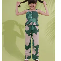 AJ Dezines Cotton Woven Sleeveless Floral Printed Top & Coordinating Pant Set - Green image 4