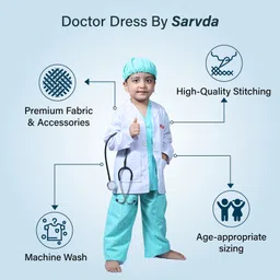 Sarvda Woven Full Sleeves Doctor Costume Set With Cap & Stethoscope - White & Green image 5