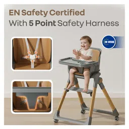 R for Rabbit Walnut High Chair for Baby 3-in-1 Convertible Design Dual-Layer Meal Tray Smooth Wheels with Brakes Foldable and Compact Travel Friendly 6 Months to 3 Years Kids (Dark Grey) image 5