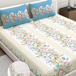 Dreamscape White & Blue Floral Pure Cotton 200 TC Fitted King Bedsheet Set-1.83 m X 1.98 m-picture-37