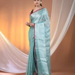 CHARUKRITI Aqua Blue Blended Solid Saree With Unstitched Blouse image 1