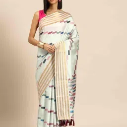 Silk Land Multi Silk Blend Block Print Saree With Unstiched Blouse image 1