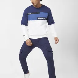 Spykar Indigo Blue & White Slim Fit Colour Block Sweatshirt image 5