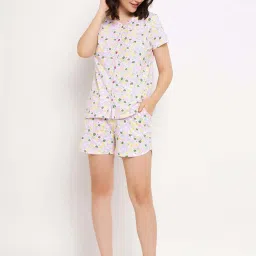 Clovia White Cotton Floral Print Shirt Shorts Set image 5