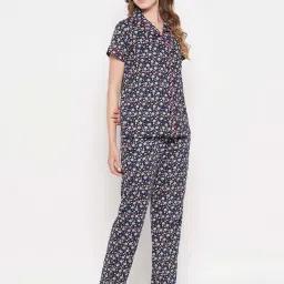 Clovia Blue Cotton Floral Print Shirt Pyjamas Set image 5