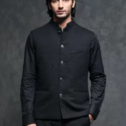 Rare Rabbit Black Tailored Fit Jacquard Bandhgala image 1