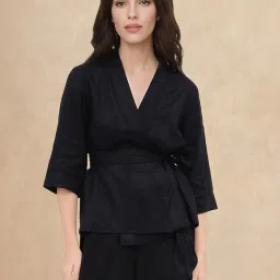 RAREISM Black Cotton Blend Solid Three-Quarter Sleeves Top image 1