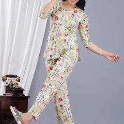 Dhruvi Art jewellery store Floral Printed Round Neck Pure Cotton Kurti With Pyjamas image 4