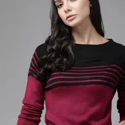 Roadster Women Burgundy & Black Striped Pullover Sweater-image-50