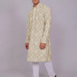 BLUESAANCHI Men Cotton Ethnic Motifs Printed Mandarin Collar Sequinned Work Kurta image 4