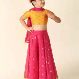 Fabindia Kids Yellow & Pink Cotton Embroidered Lehenga Cholis-image-49