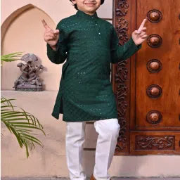 Ahhaaaa Kids Green Cotton Embellished Full Sleeves Kurta Set image 5