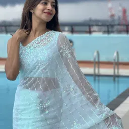 Saree Mall Blue Embellished Saree With Unstitched Blouse image 5