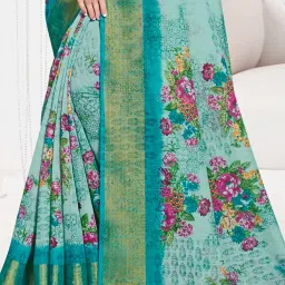 Saree Mall Green Linen Floral Print Saree With Unstitched Blouse image 5