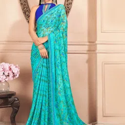 Satrani Blue Floral Print Saree With Unstitched Blouse image 1