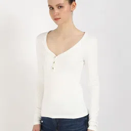 TOMMY HILFIGER Ecru Slim Fit Cotton Solid T-Shirt image 1