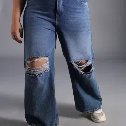 High Star Blue Cotton Distressed Jeans-image-77