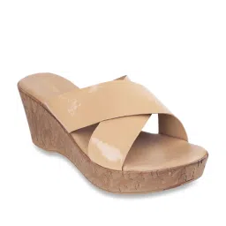 Mochi Women's Beige Cross Strap Wedges image 2