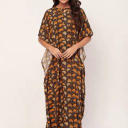 Moomaya Black & Mustard Floral Print Kaftan Nighty-picture-33
