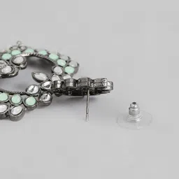 I Jewels Sea Green & White Silver Plated Oxidised Kundan & Stone Studded Jhumkas image 3