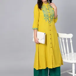Divena Women Mustard Yellow & Green Yoke Design A-Line Kurta image 5