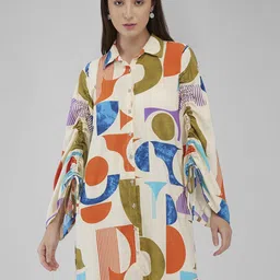 IZEL Women Printed Bell Sleeve Shirt Dress-picture-39