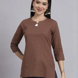 aayusika Women Katha Embroidered Vertical Stripes Round Neck Cotton Top-image-22