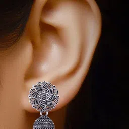 Sangria Set Of 6 Silver-Plated Artificial Stone-Studded & Beaded Dome Oxidized Jhumkas image 3