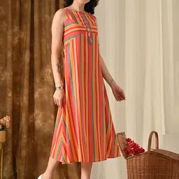 Vishishtah Striped Pure Cotton Round Neck A-Line Midi Dress image 5