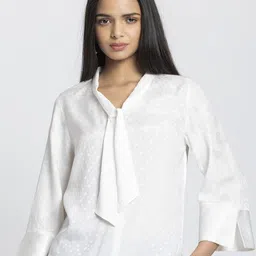 SHAYE Women White V-Neck Solid Three-Quarter Sleeves Casual Tops-picture-36