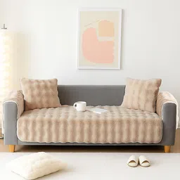 DREAM CARE Beige & Beige Solid Polyester 3 Piece Sofa Cover With Arms-picture-28