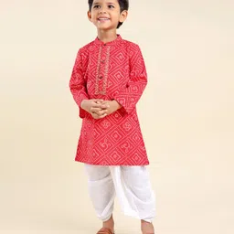 Babyhug  Full Sleeve Bandhani Print Kurta with Dobby Dhoti - Red-picture-16