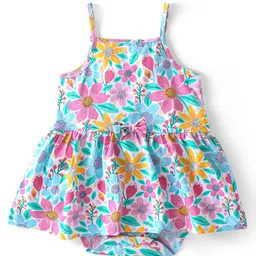Babyhug 100% Cotton Knit Singlet Sleeves Floral Printed Frock Style Onesie - Multicolour-picture-12