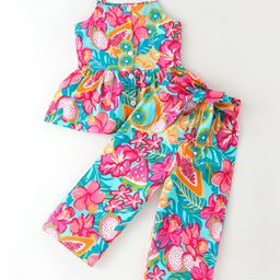 CrayonFlakes Rayon Sleeveless Fruits & Floral Printed Coordinating Top With Belted Palazzo - Pink-picture-18
